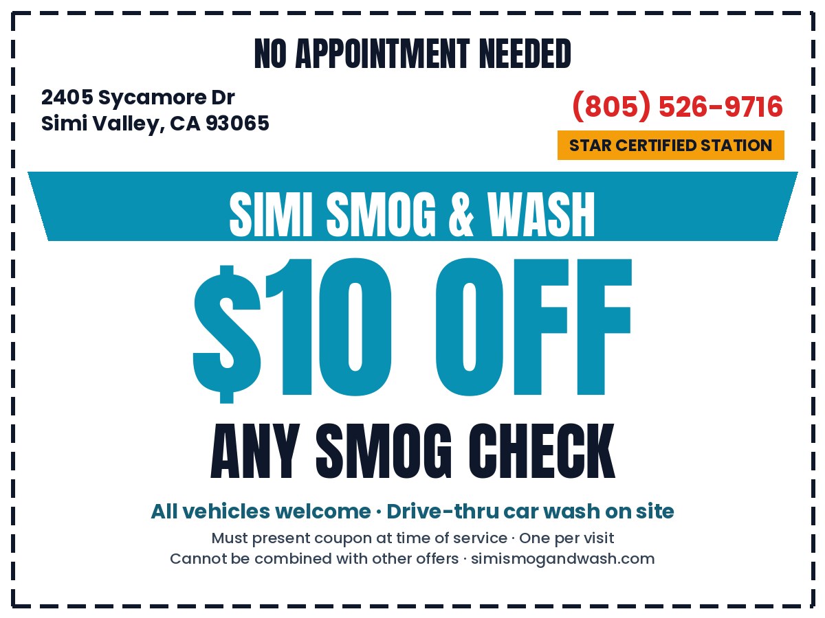 $10 off smog check coupon Simi Valley - Simi Smog & Wash STAR Certified station (805) 526-9716